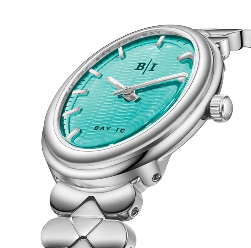 Silver watch with blue dial