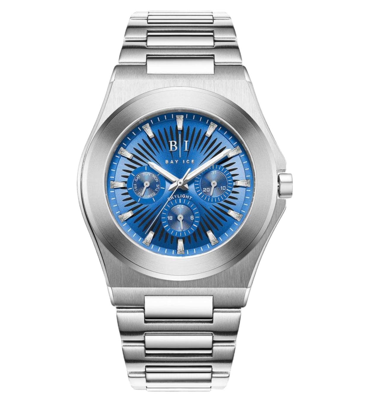 Silver and blue dial watch